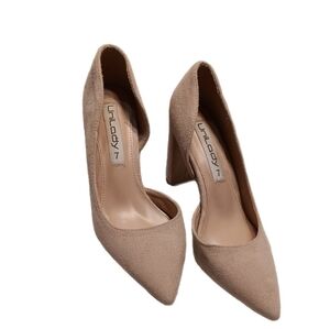 UNILADY Nude Suede-like 4" Block Heel Women 7 Pump with D'Orsay Cut Pointed Toe